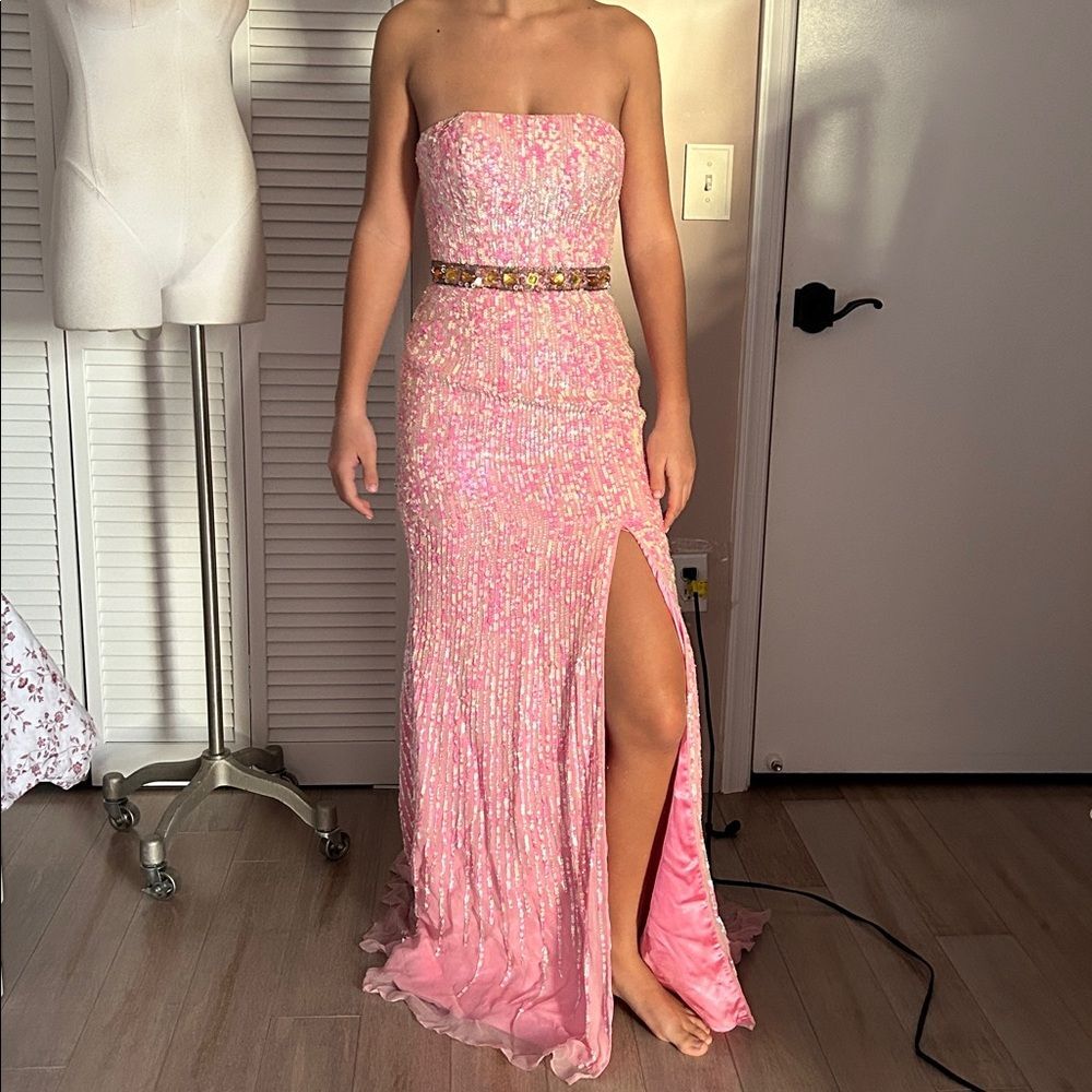 Sherri Hill Silk Pink Sequin Beaded Cocktail Corset Dress Silhouette size 0 VTG